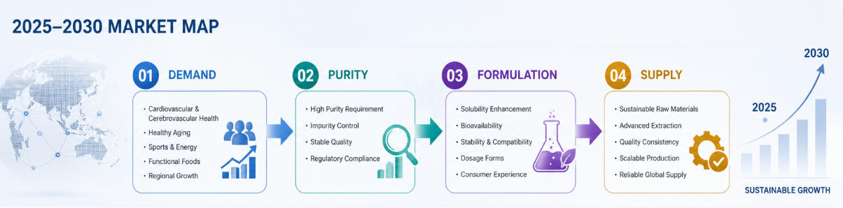 2025–2030 market map: demand → purity → formulation → supply. 