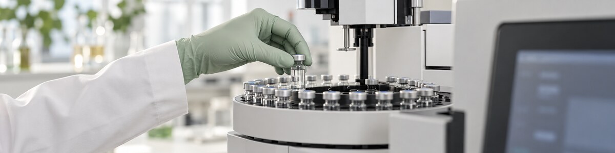 Illustrative analytical laboratory handling sample vials for ingredient testing