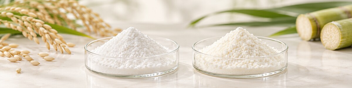 Illustrative plant-derived ingredient powders beside rice and sugarcane materials